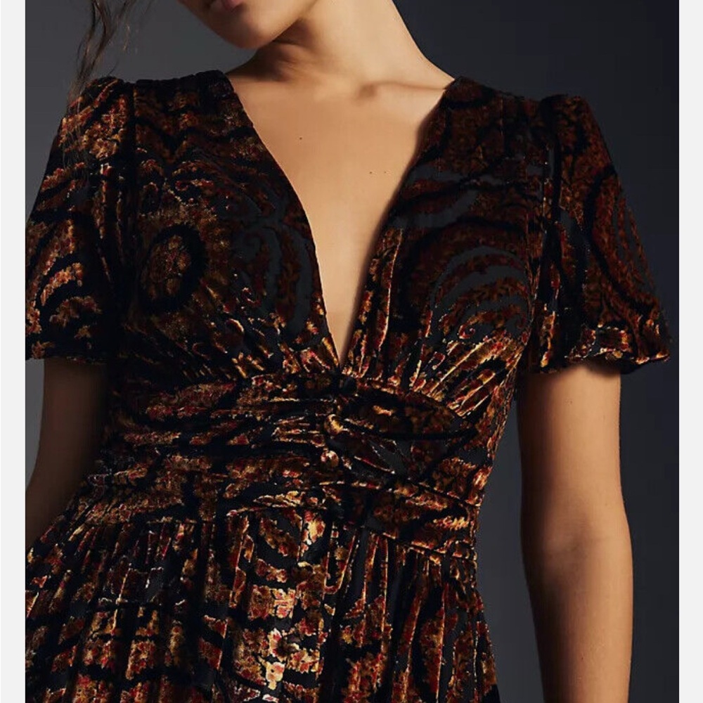 ANTHROPOLOGIE PUFF-SLEEVED BURNOUT VELVET MAXI DRESS